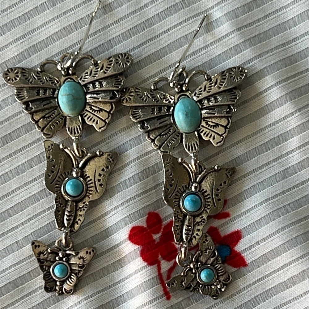 Silver Butterfly Dangle Earrings with Turquoise Accents - Picture 4 of 4